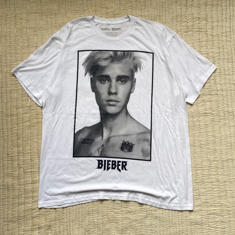 Justin Bieber Graphic T-Shirt Mens XL White Portrait Short Sleeve Cotton Tee